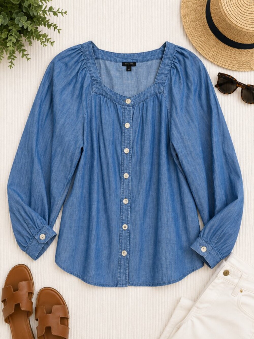 Talbots Blue Chambray Blouse Size Large Square Neck Button Front Puff Sleeve